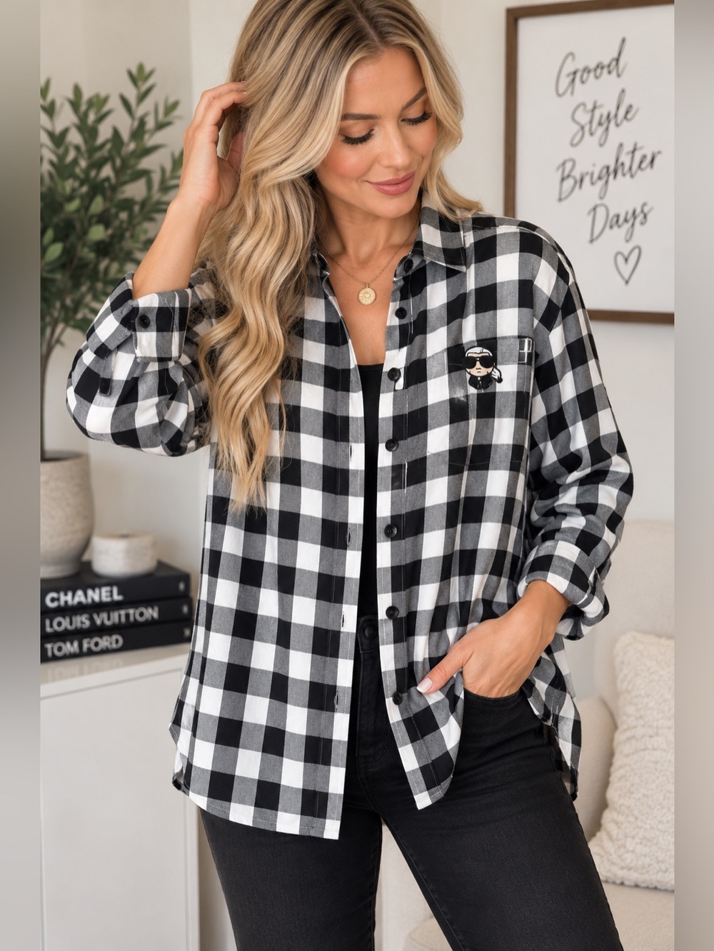 Karl Lagerfeld Paris Plaid Button Down Shirt Black White Size M